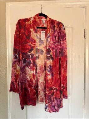 Chico's Open Front Floral Cardigan in Red, Purple, Pink